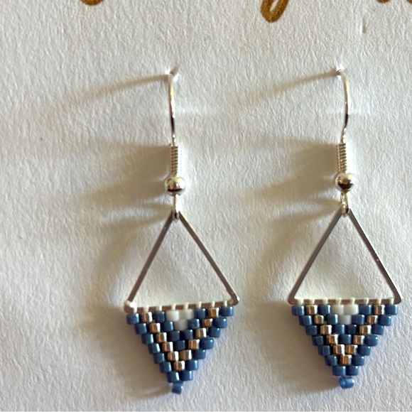 Silver and Blue Beaded Triangle Earrings - Picture 2 of 6